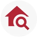 Red house icon with magnifying glass logo.