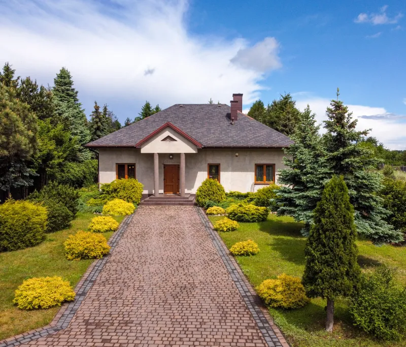 Suburban house with landscaped garden and paved driveway.